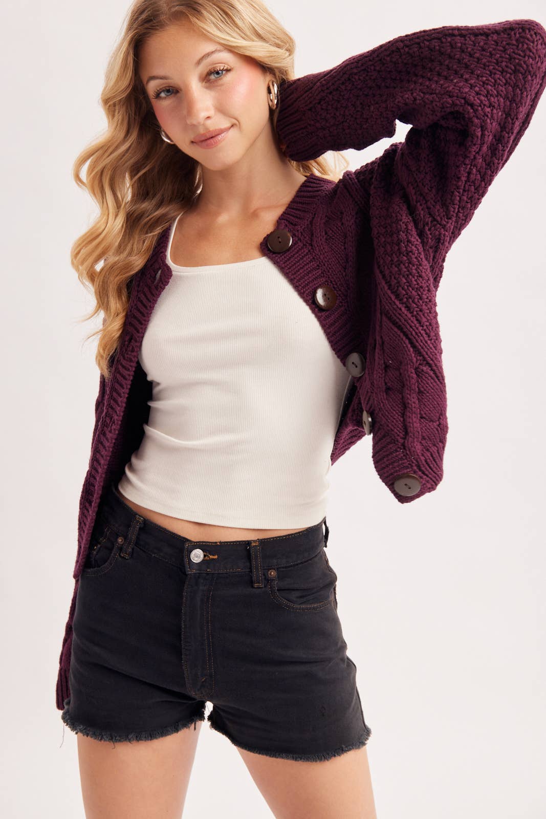 Wine Button Front Cropped Cable Knit Sweater, Cardigan