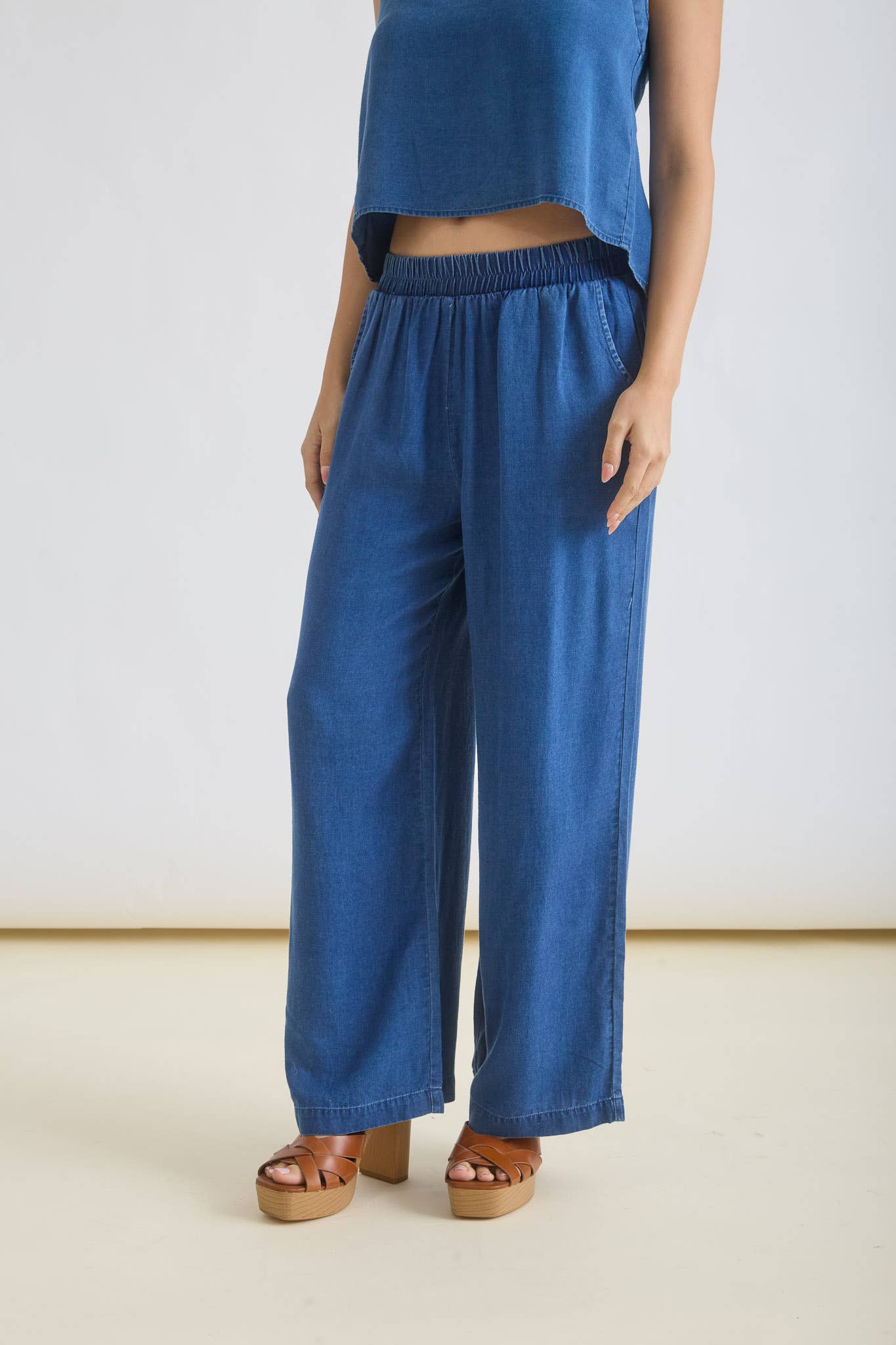 Chambray High Waist Wide Leg Pants 