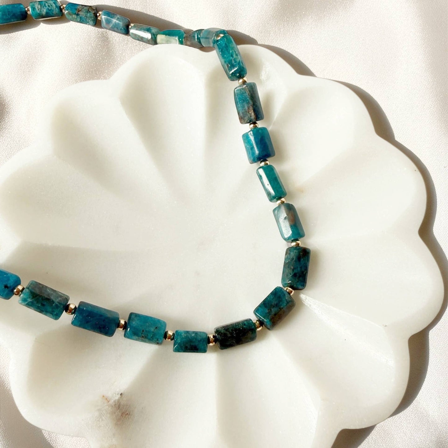 Pacific Blue Apatite Gemstone Beaded Necklace Gold Filled