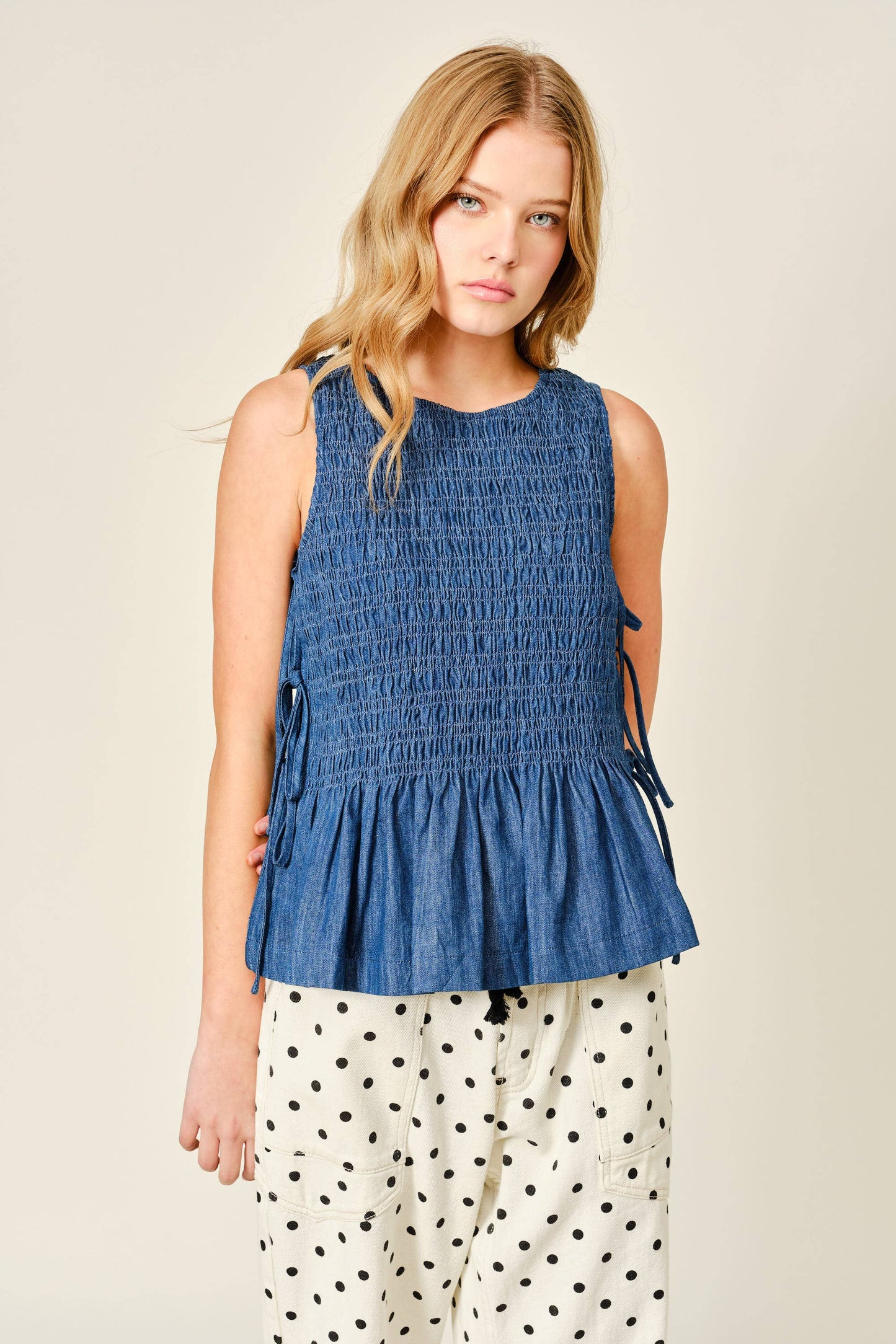 Sleeveless Denim Smocked Tie Top