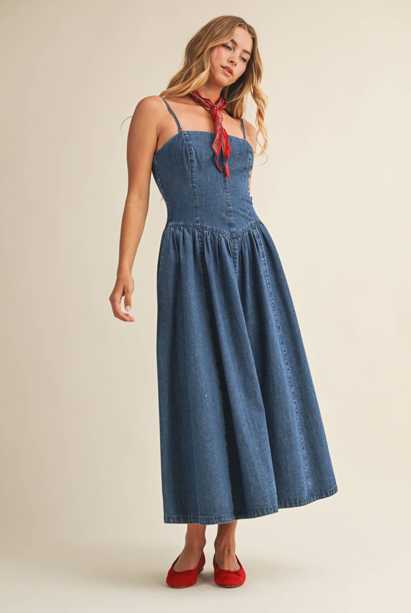 Seamed Bustier Full Skirt Denim Dress