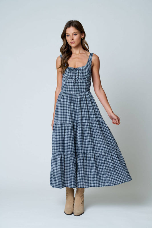 Navy Plaid Corset Tiered Midi Dress
