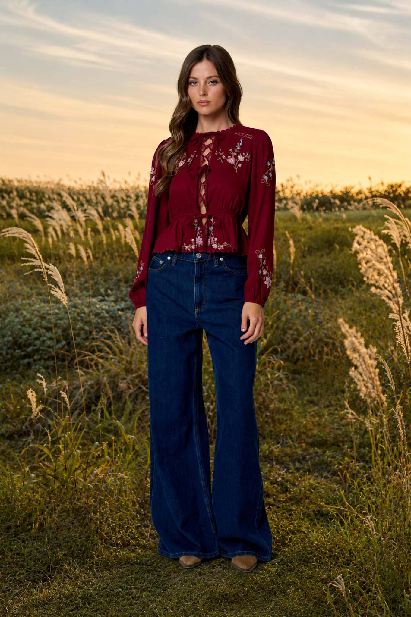 Crochet Lace Trim Embroidered Top