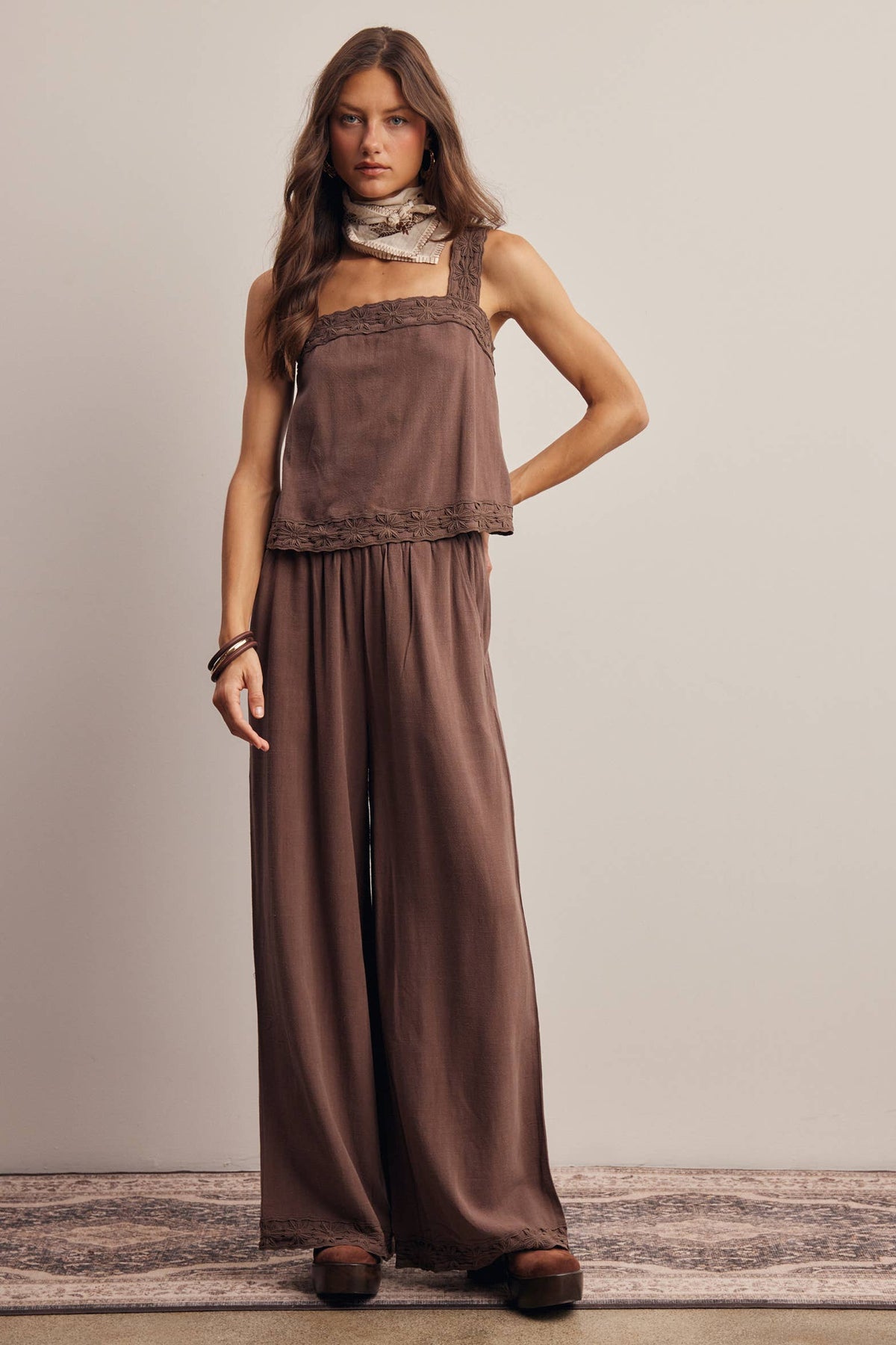 Embroidered Linen Blend Chocolate Pants