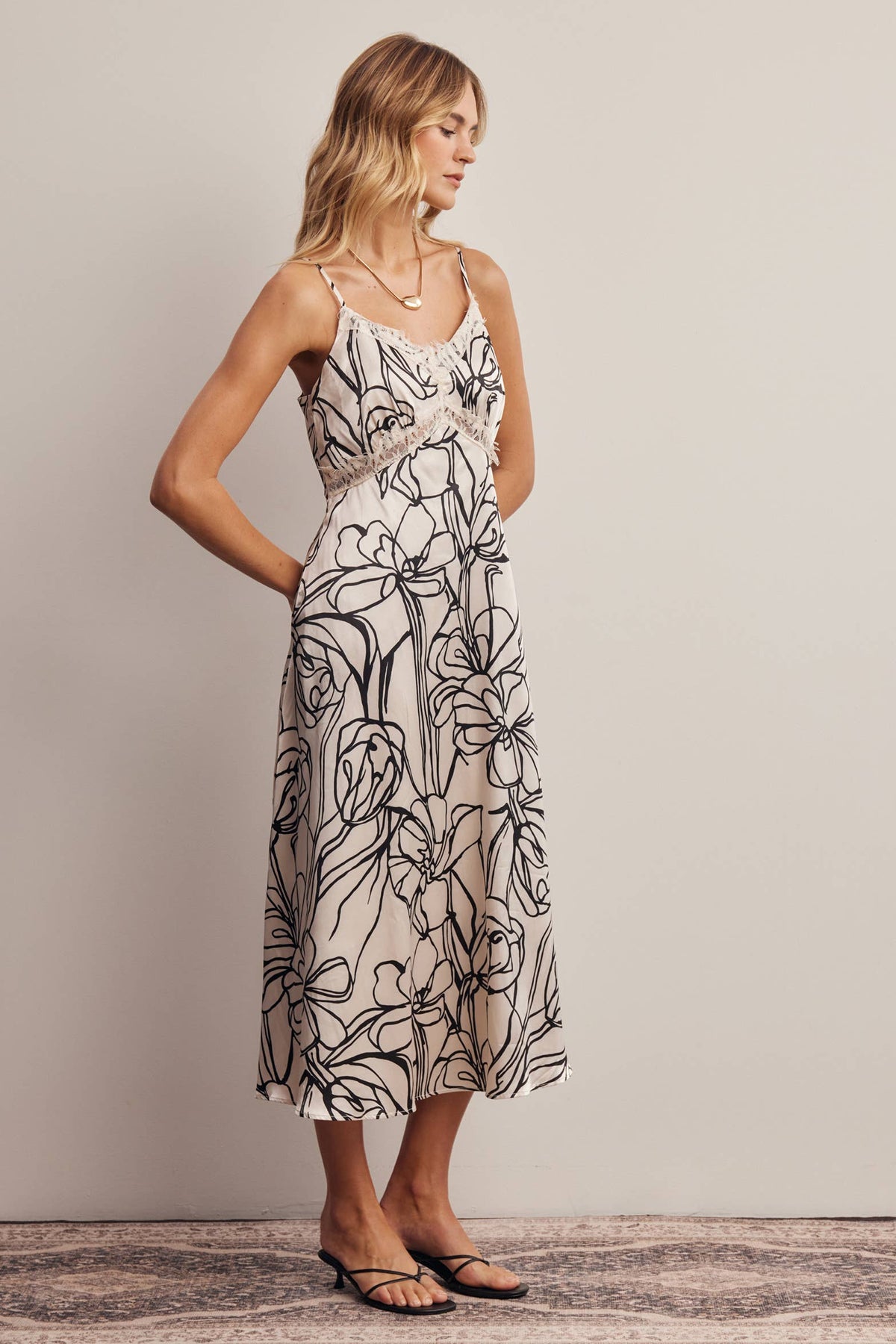 Lace Trim Floral Satin Midi Dress FD0061