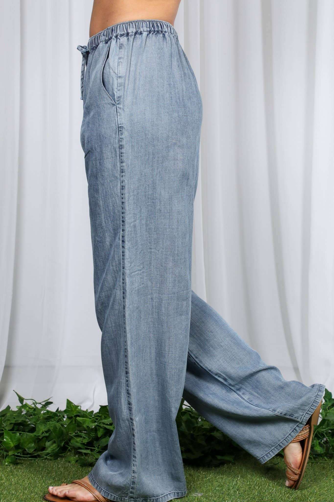 Casual Flowy Wide Leg Tencel Chambray Washed Pants