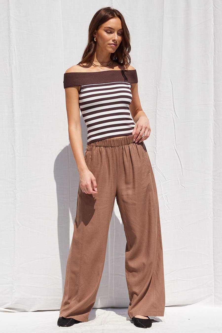 Mocha Wide Leg Baggy Fit Linen Pants