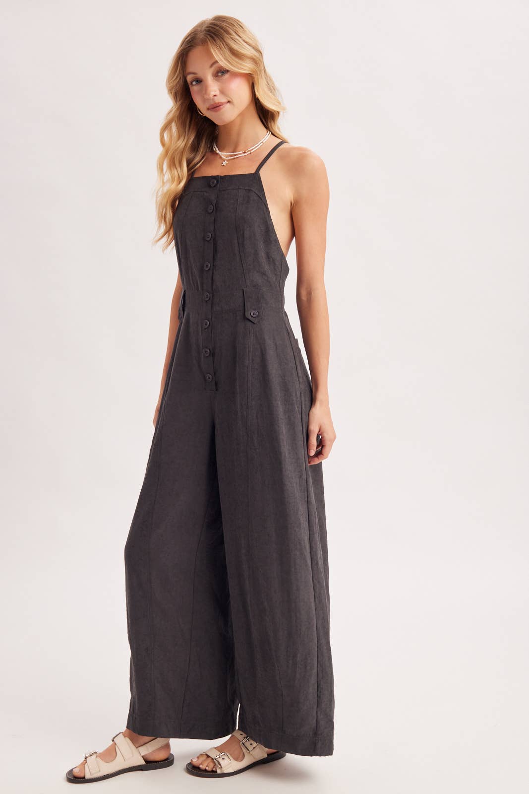 Button Down Apron Style Sleeveless Wide Leg Jumpsuit