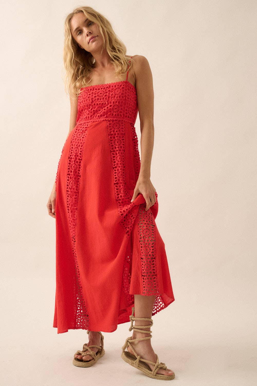 Crochet Lace and Crepe Paneled Maxi Dress