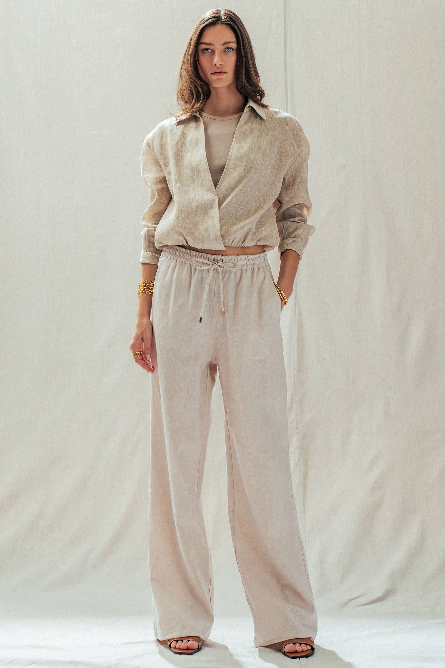 Linen Blend Wide Leg Pants Drawstring Waist 
