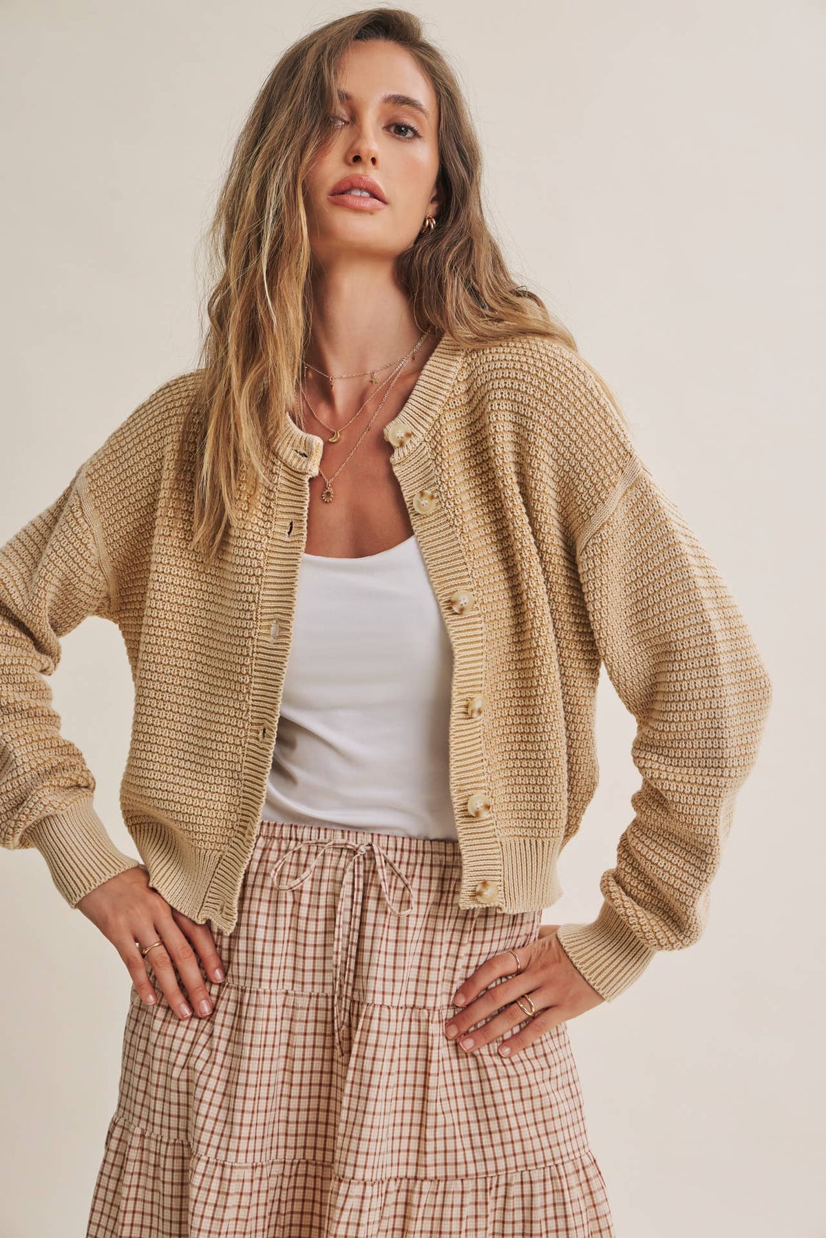 Cream Mineral Washed Waffle Cardigan