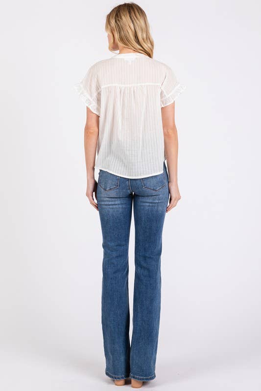 Short Sleeve Ruffled Button Down Top