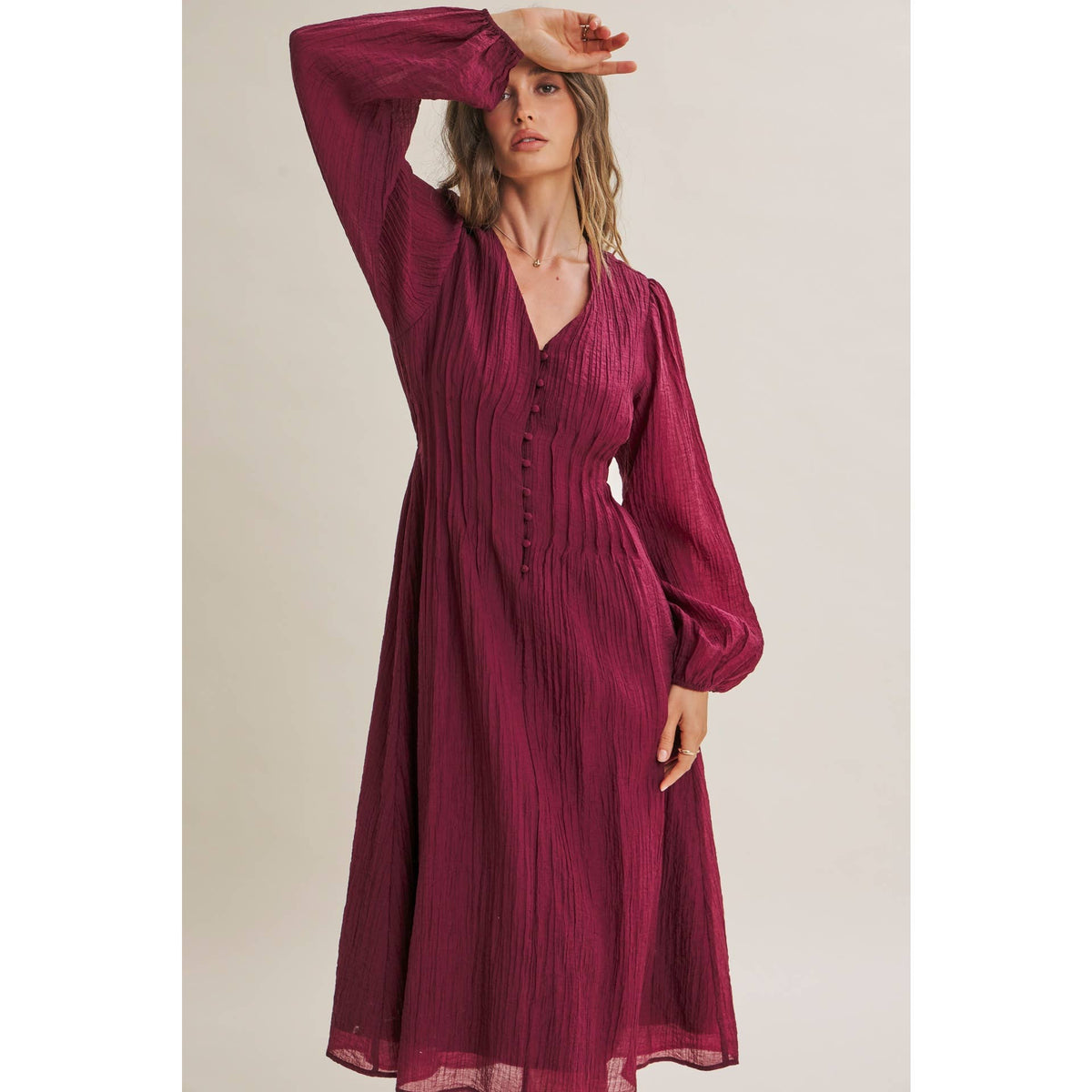 Crimson Crinckle Pintuck Dress