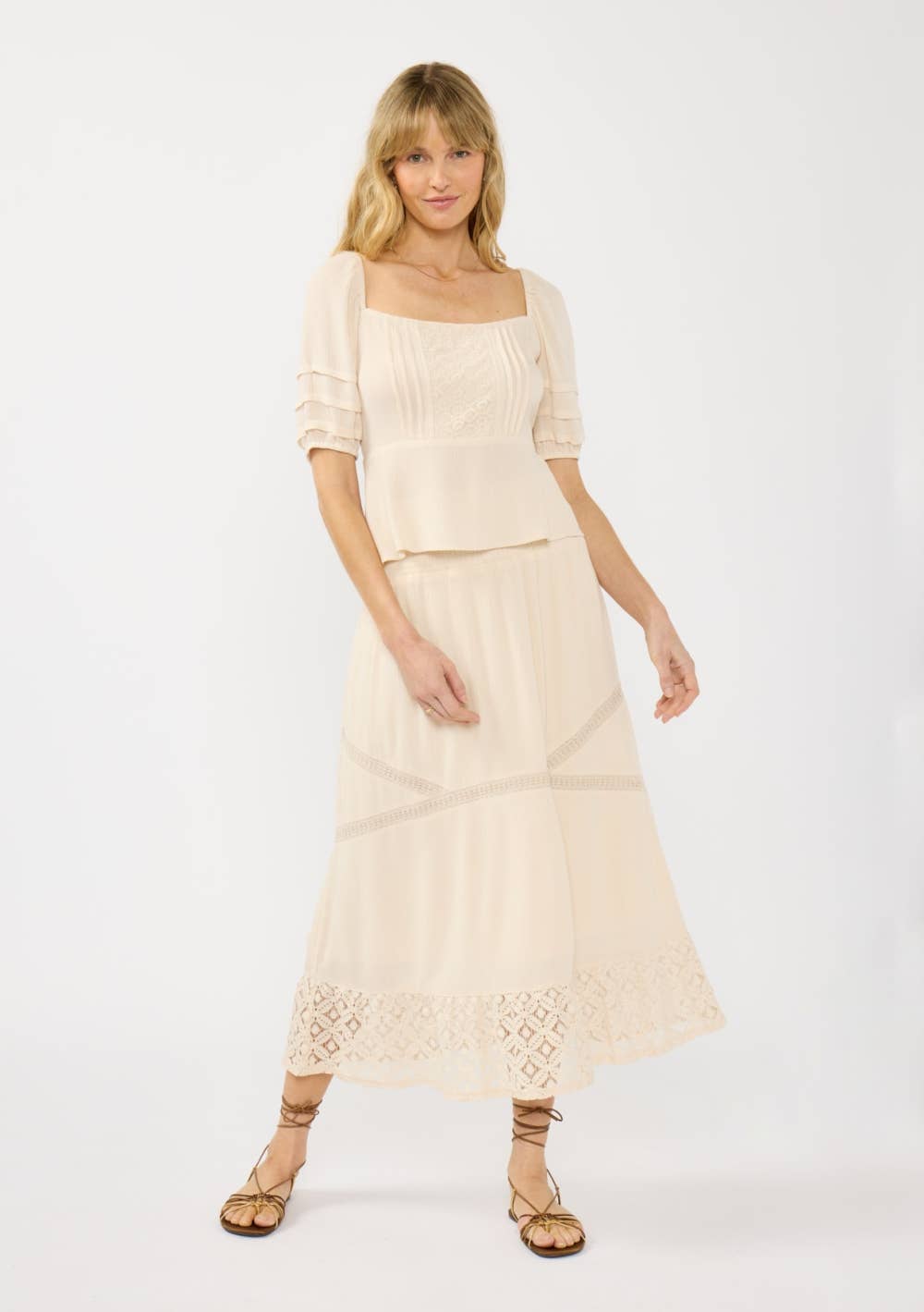 Smocked Waist Lace Trim Midi Skirt 