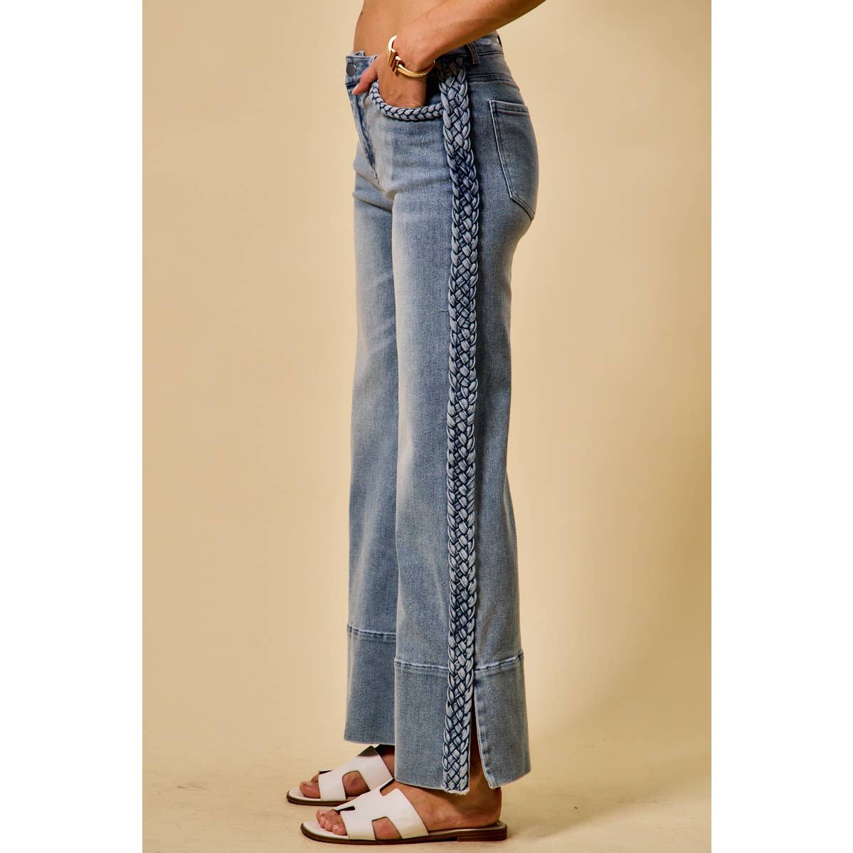 Wide Leg Flare Denim Jeans with Side Braids