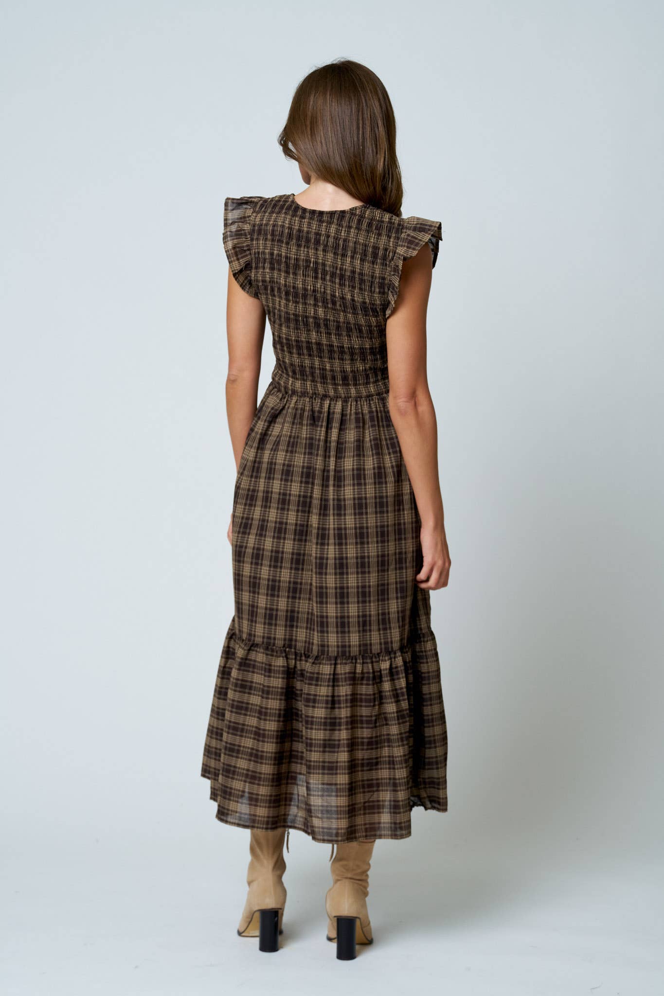Plaid Smocked & Ruffled Midi Dress