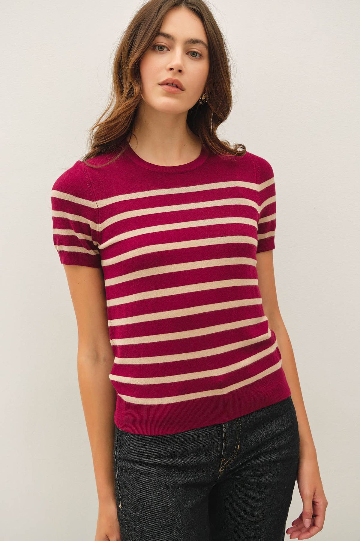 Striped Classic Cut Sweater Top-Wine