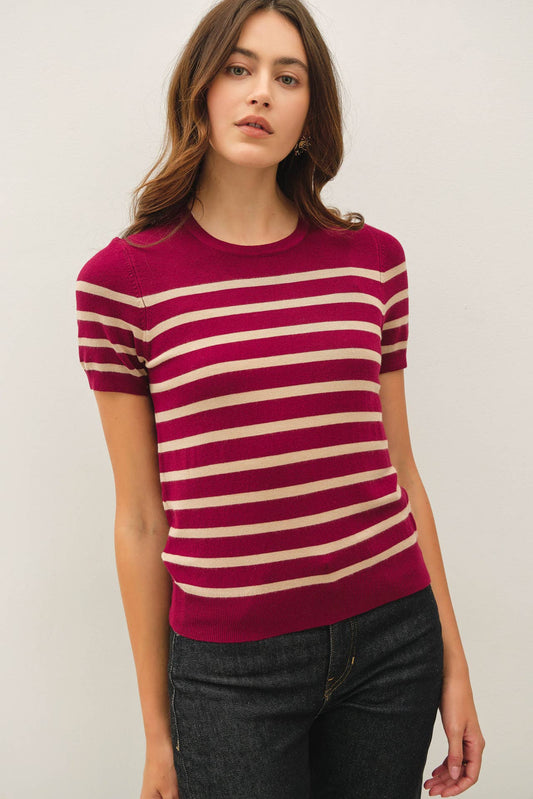 Striped Classic Cut Sweater Top-Wine