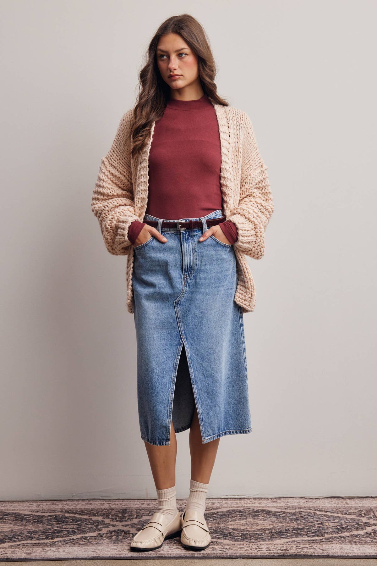 Chunky Knit Heart Back Cardigan in Blush