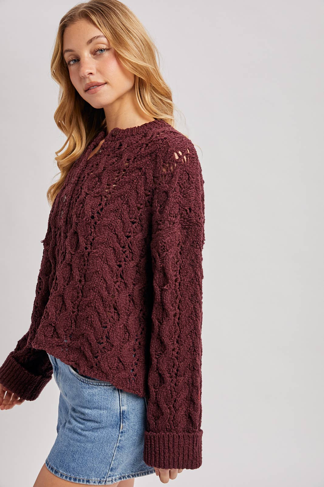 Wine Half Button Down Sweater