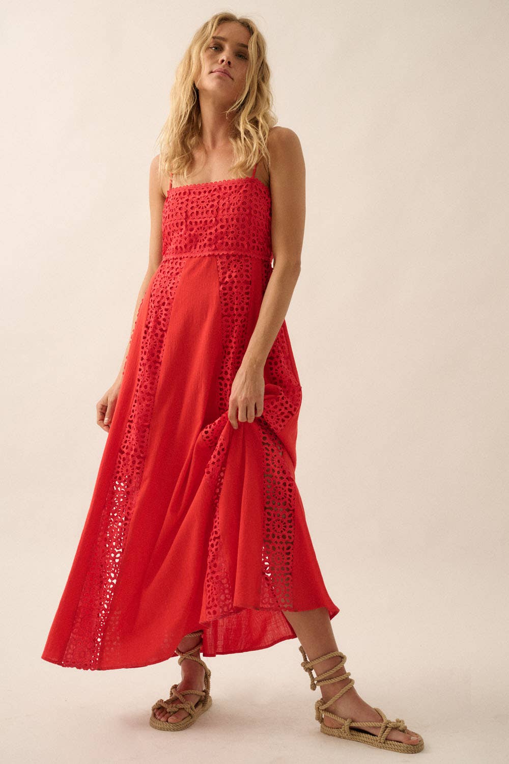 Crochet Lace and Crepe Paneled Maxi Dress
