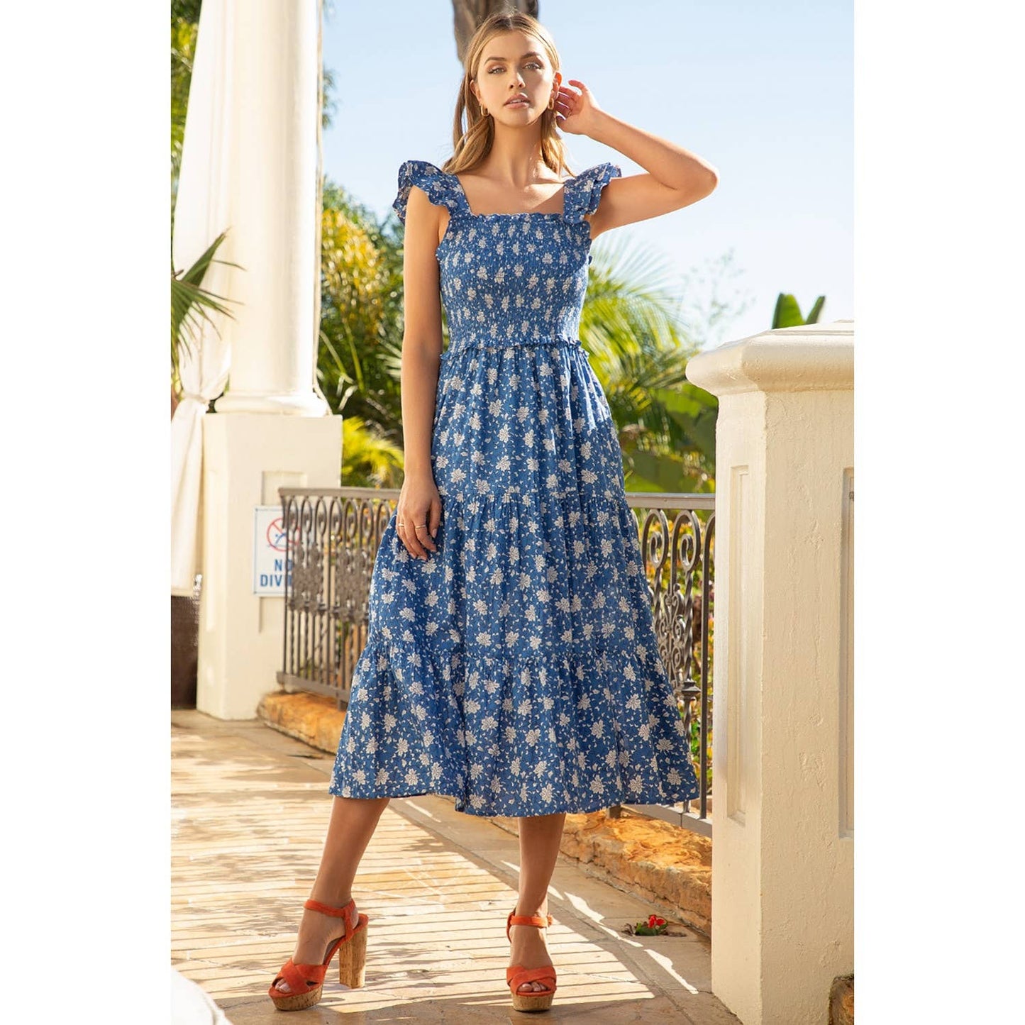 Smocked Tiered Flower Print Dress 