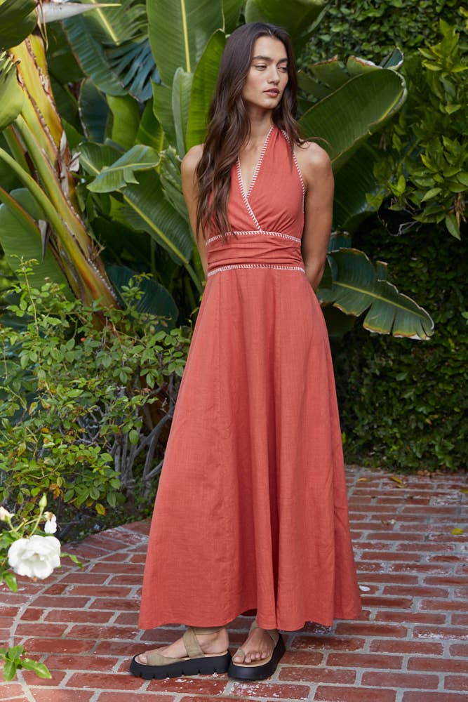 Woven Cotton Halter Neck Open Back Flare Midi Dress
