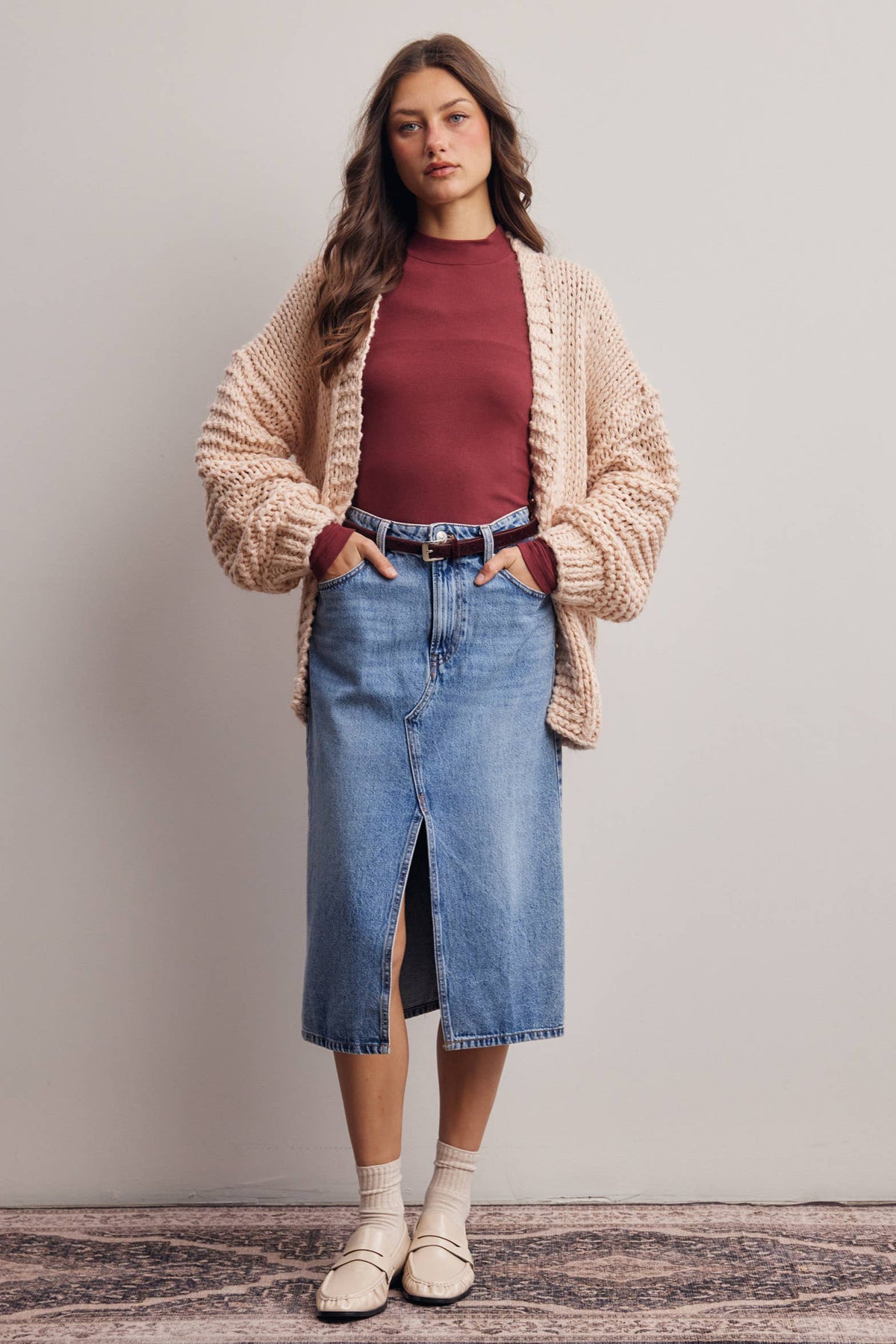 Chunky Knit Heart Back Cardigan in Blush