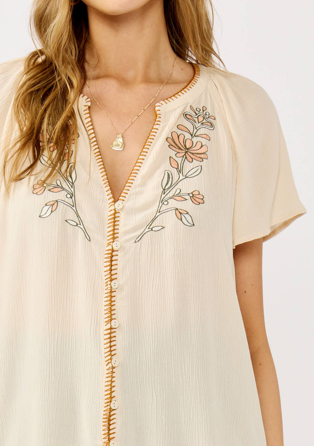 Blanket Stitch Embroidered Gauze Top