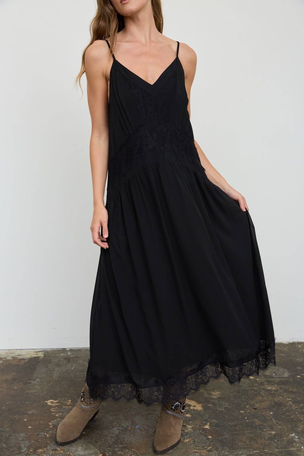 Drop Waist Lace Trim Midi Dress