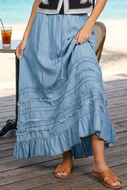 Ruffle Frayed Hem Chambray Casual Western Maxi Skirt