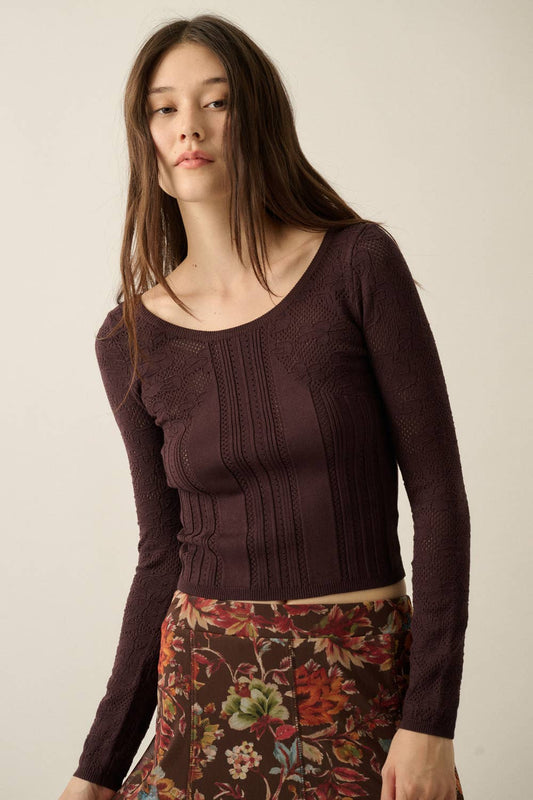 Floral Pointelle and Ribbed Knit Fitted Long-Sleeve Top: Chocolate / L