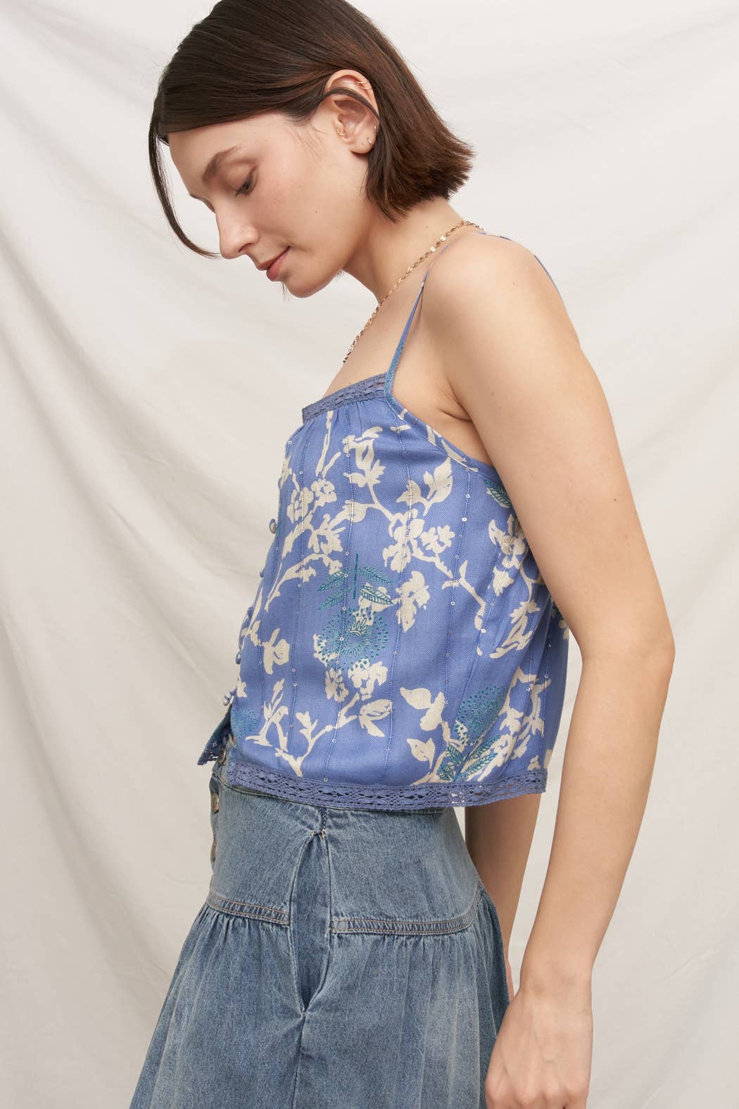 Printed Cami Top with Lace Trim and Sequin Detail