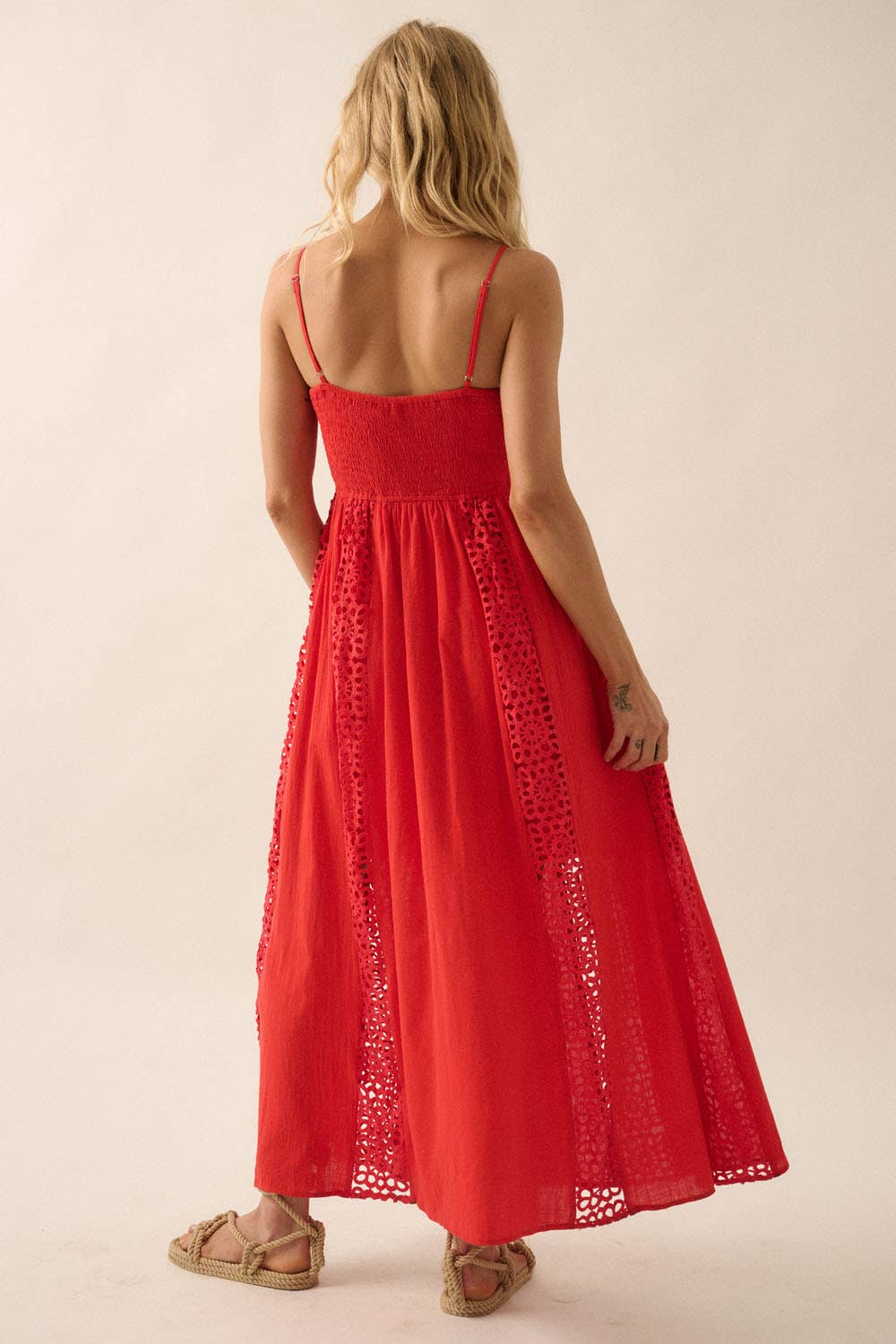 Crochet Lace and Crepe Paneled Maxi Dress