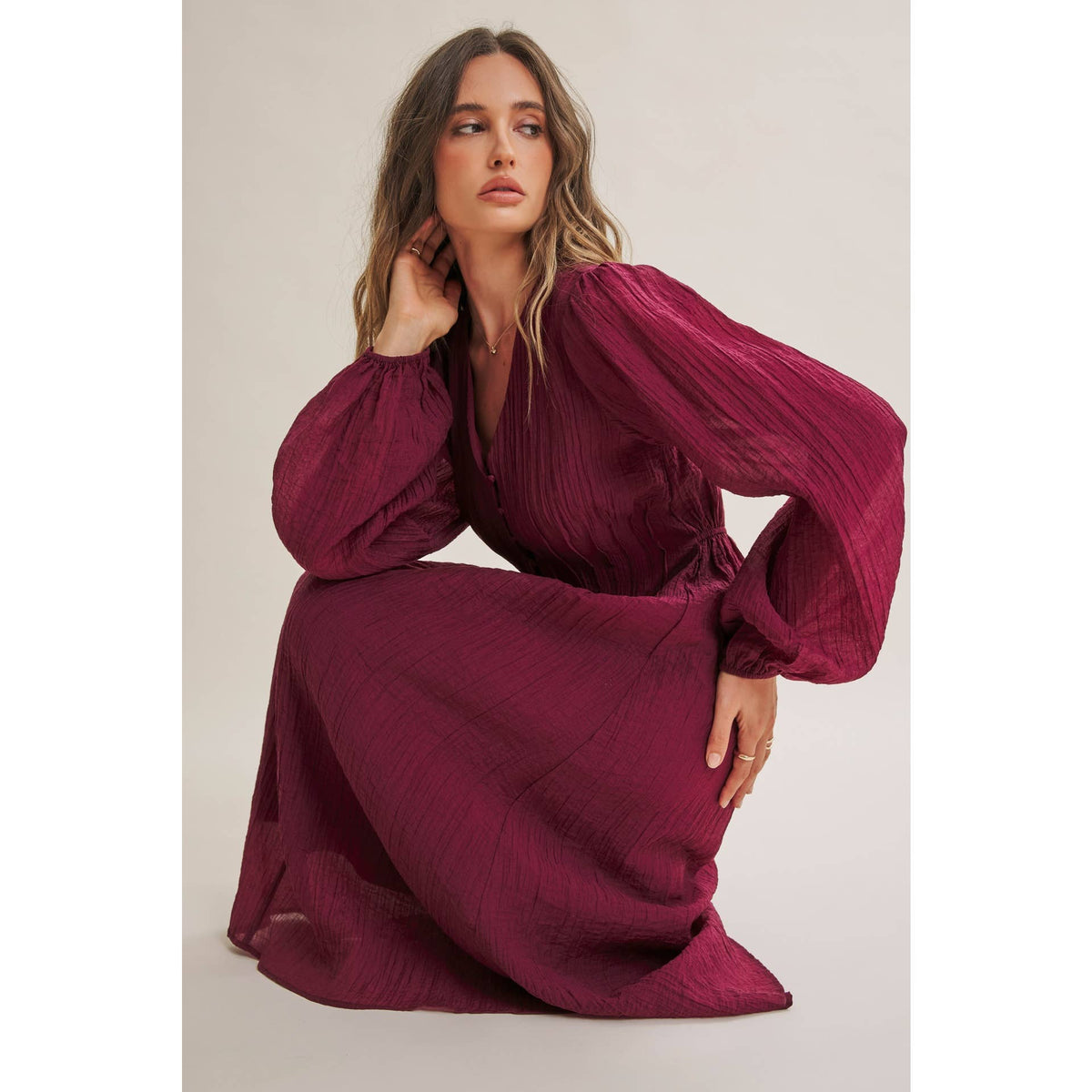 Crimson Crinckle Pintuck Dress