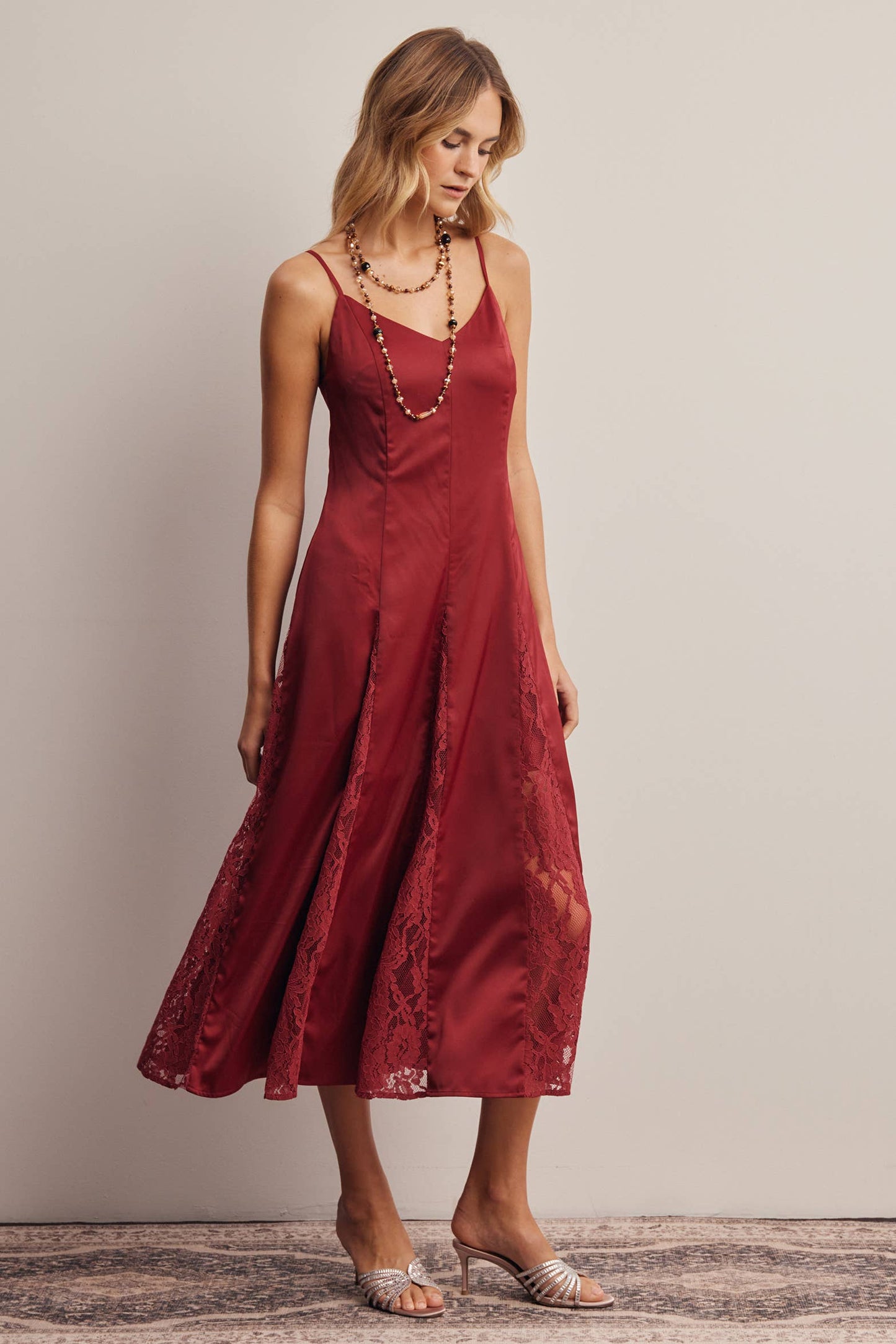 Lace Panel Satin Slip Midi Dress