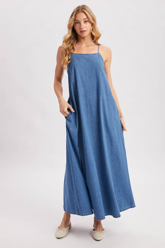 Midi Denim Open Back Dress