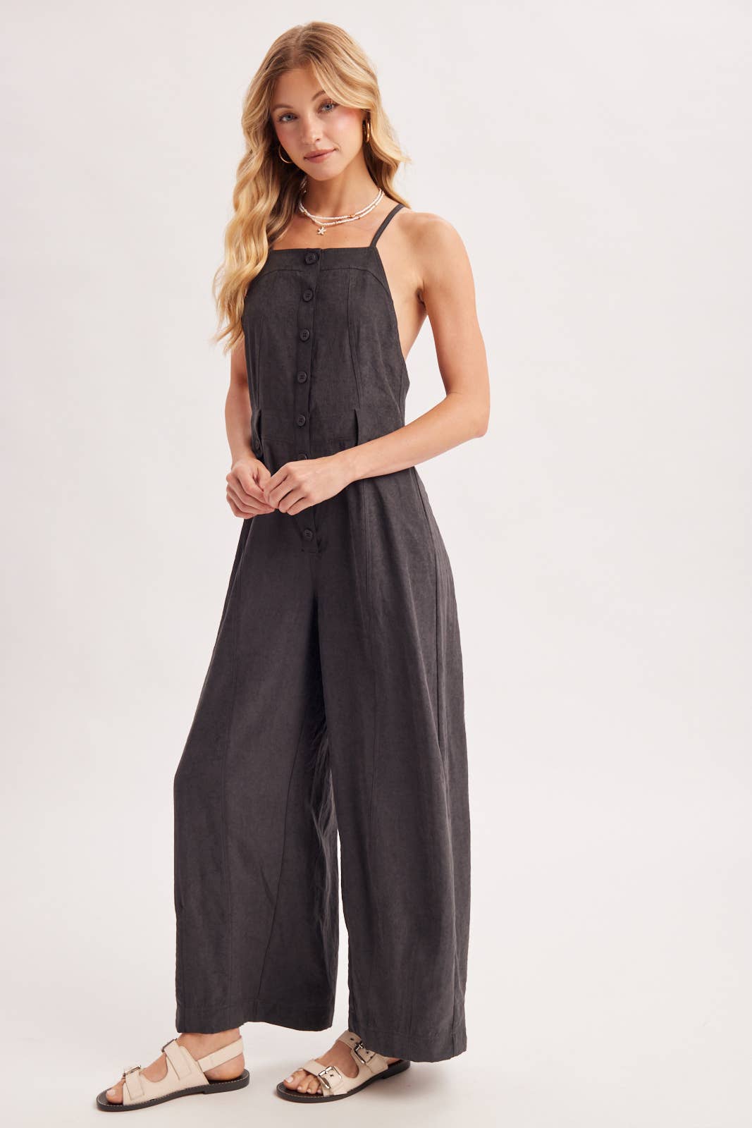 Button Down Apron Style Sleeveless Wide Leg Jumpsuit