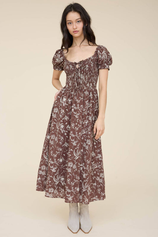 Floral Toile Smocked Midi Dress