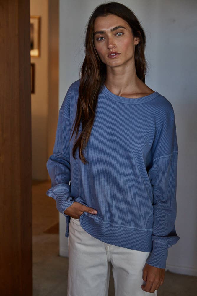 Knit Drop Shoulder Long Sleeve Top with Side Slits: Dark Cobalt