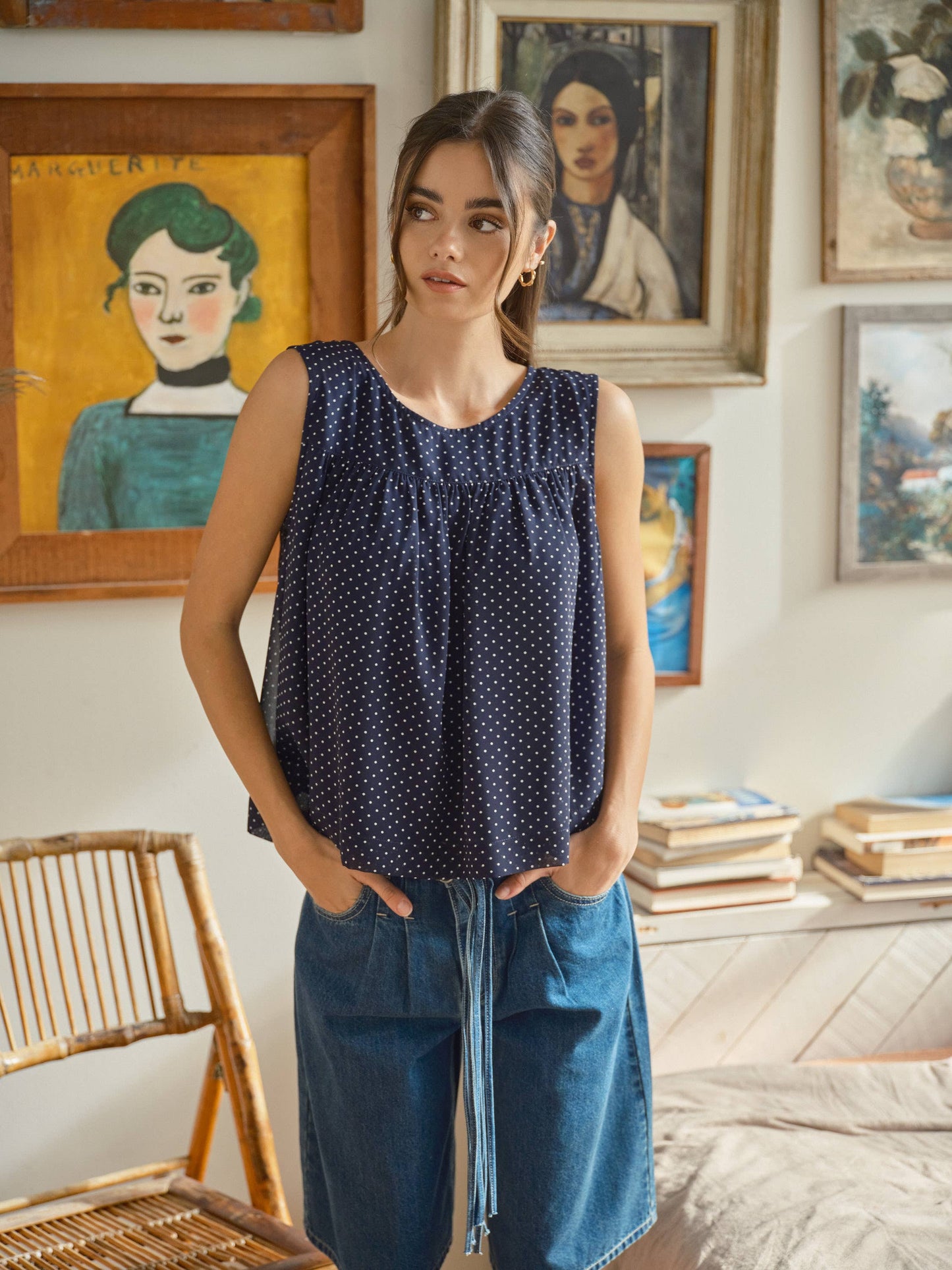 Navy Shirred Babydoll Flare Top