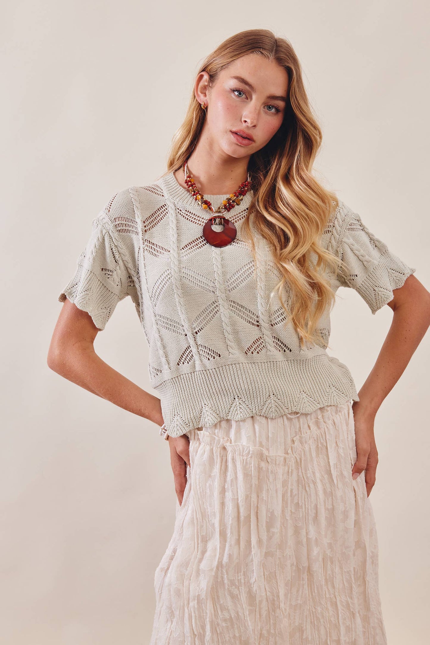 Pointelle Short Sleeve Knit Top
