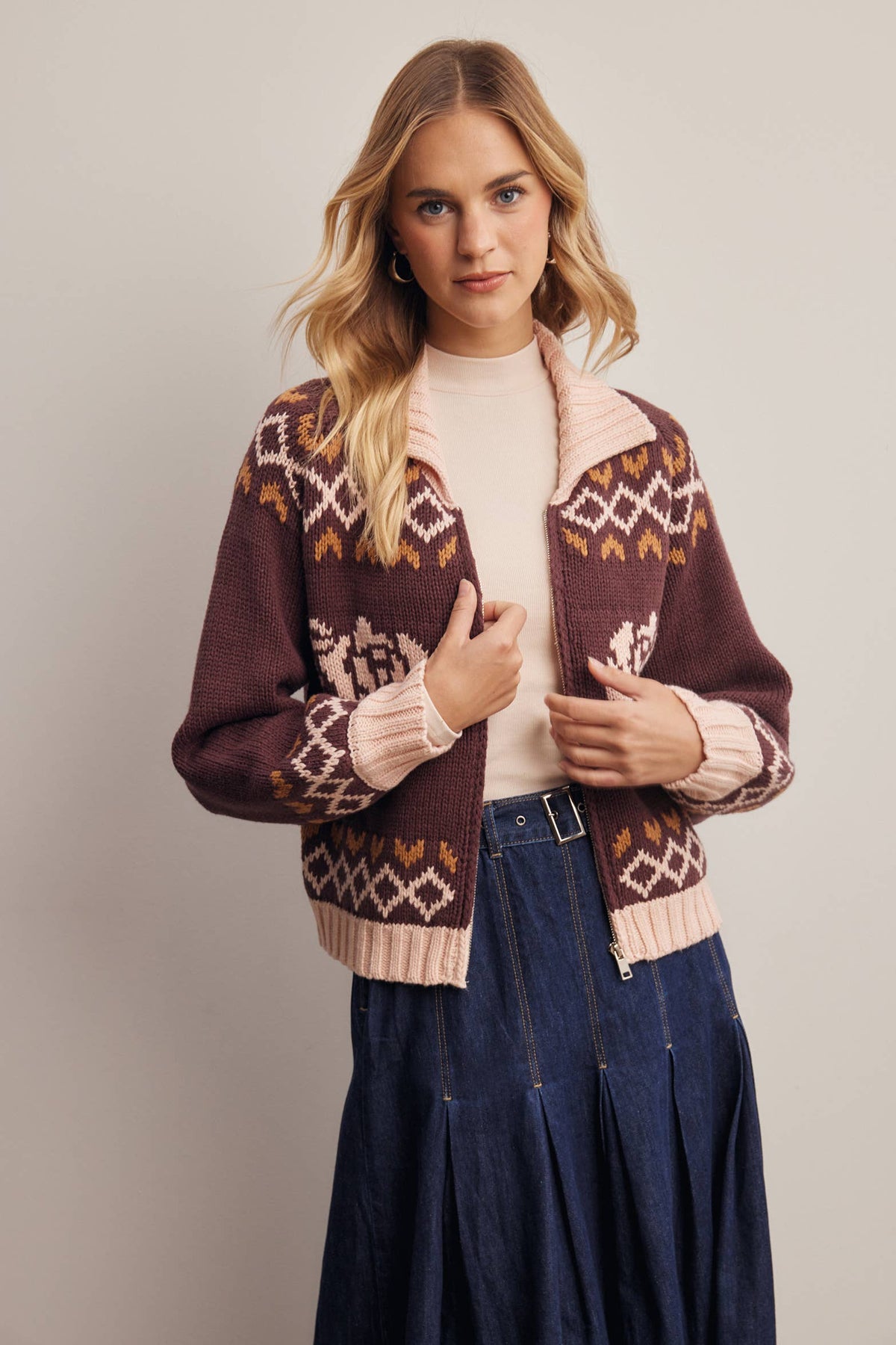 Floral Fair Isle Zip-Up Knit Cardigan