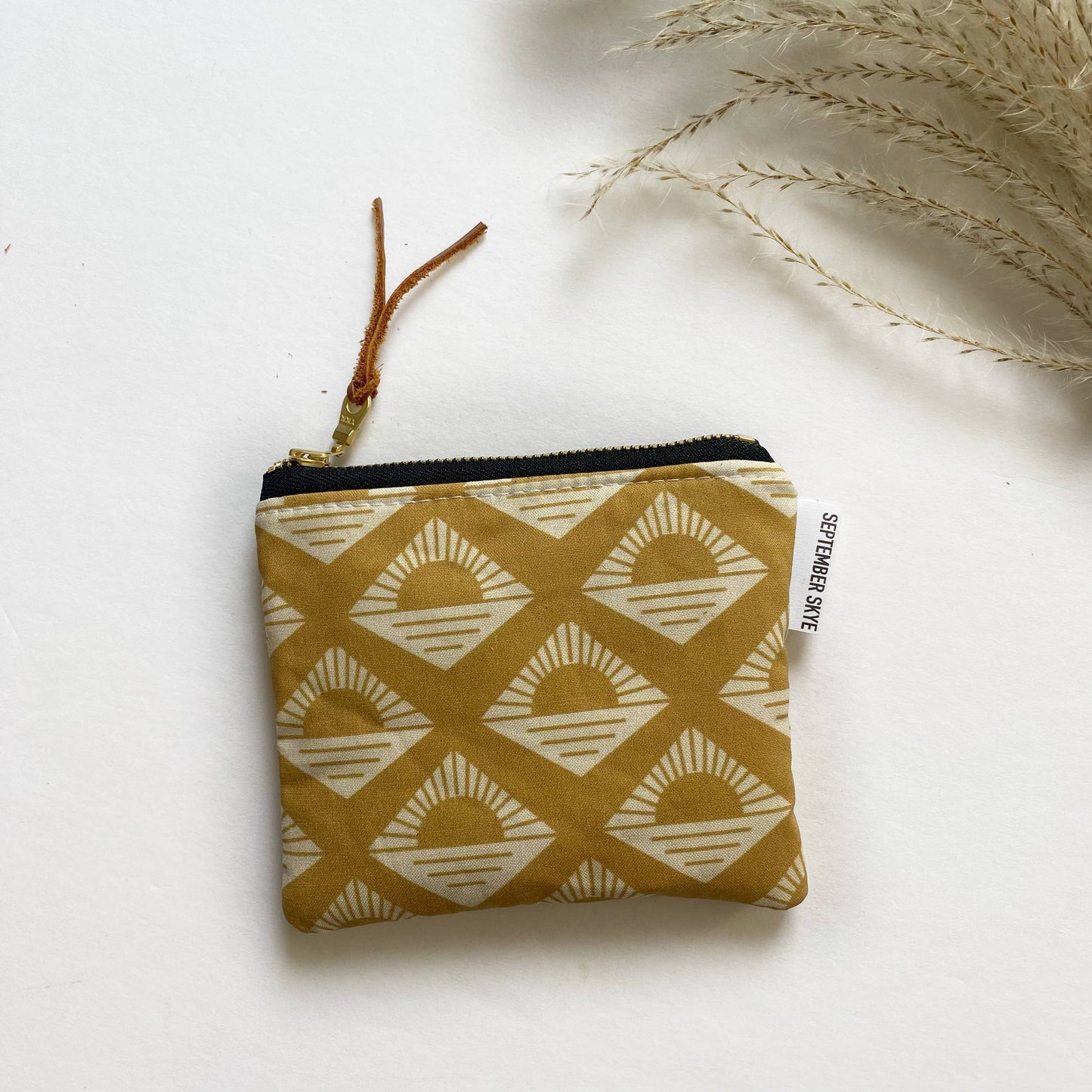 Small square pouch in aztec vintage geometric sunset mustard