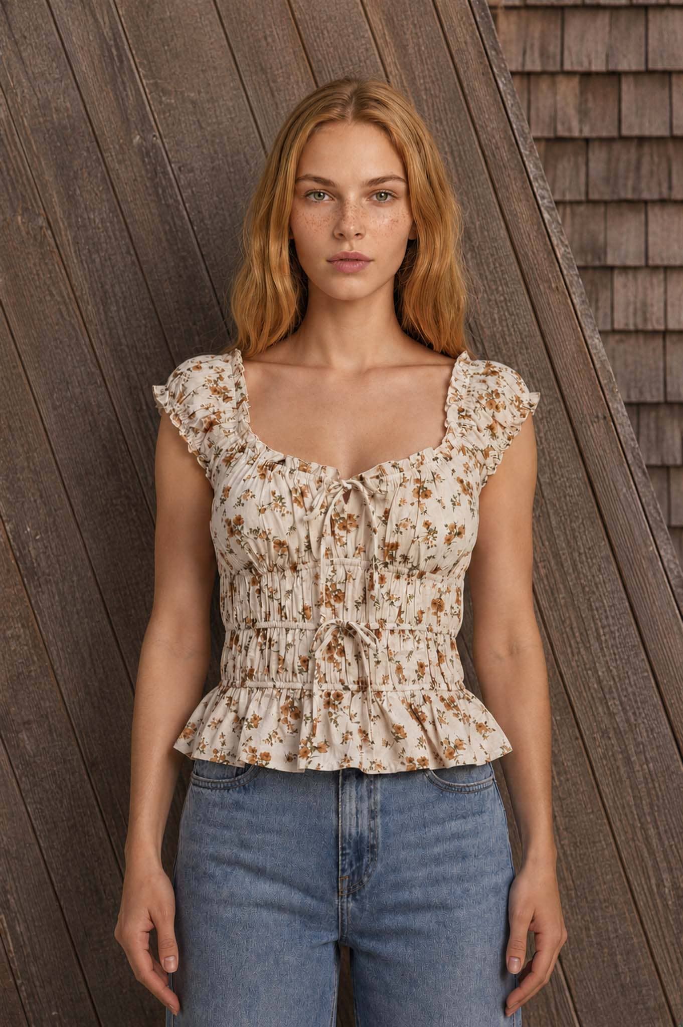 Floral Shirred Waist Ruffled Top