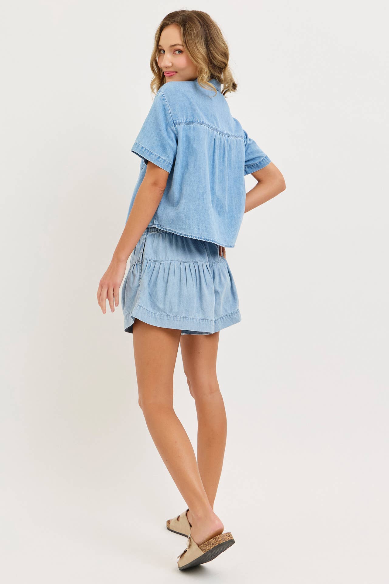 Pleated Denim Shorts