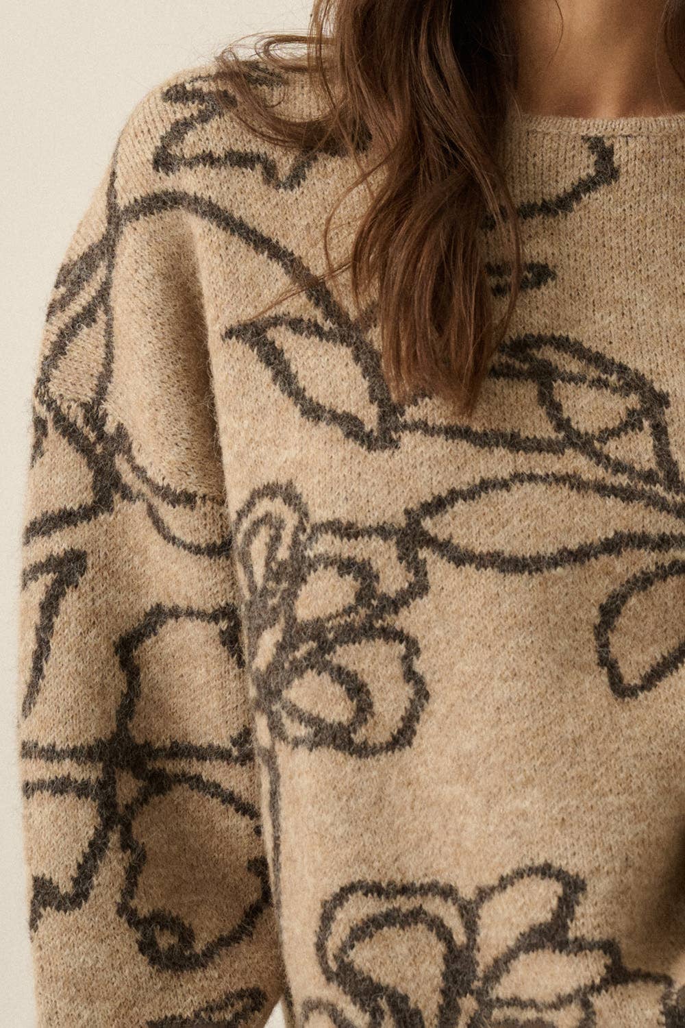 Floral Jacquard-Knit Drop-Shoulder Loose-Fit Sweater