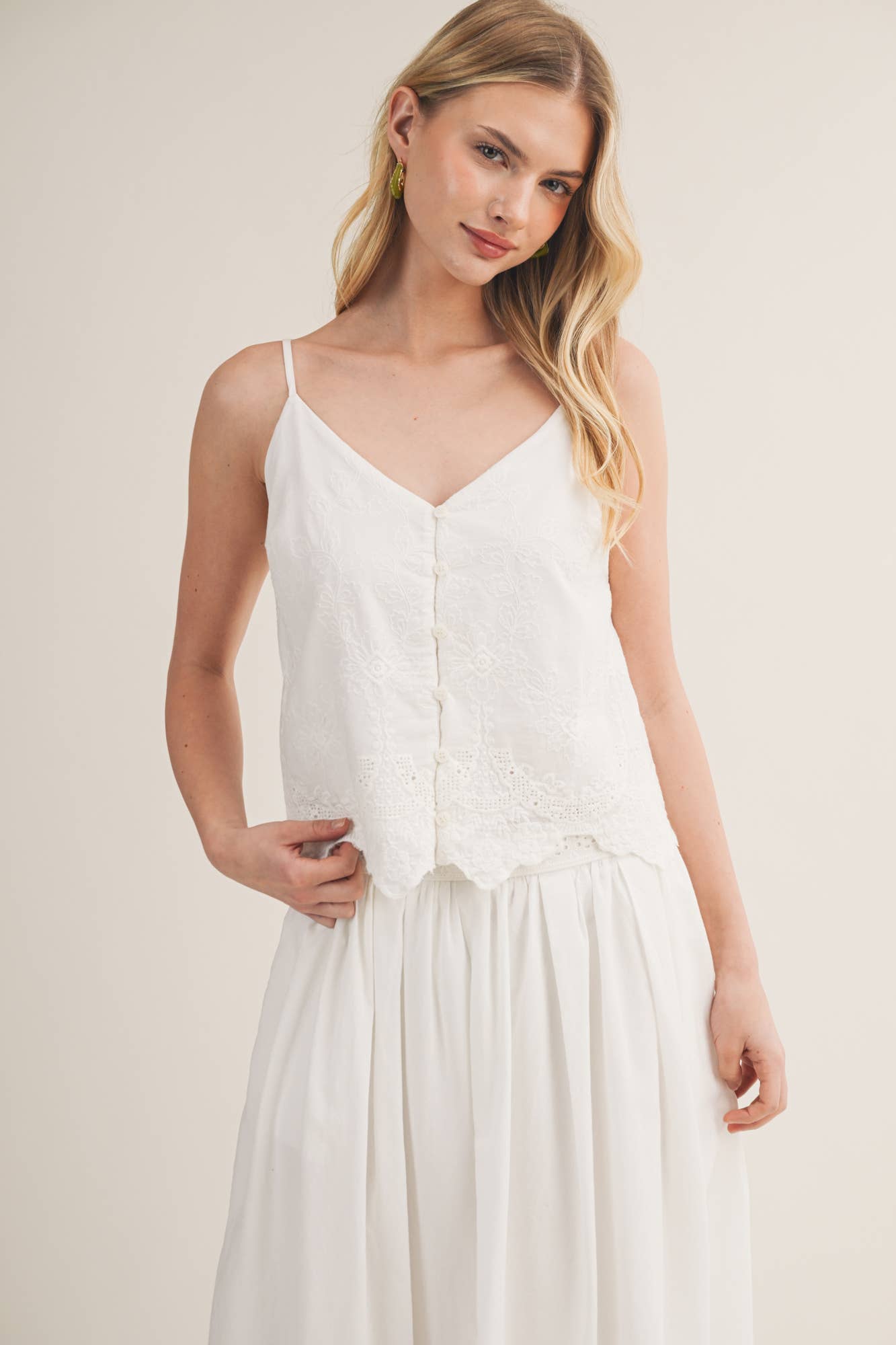 V-Neck Eyelet Embroidered Button Camisole