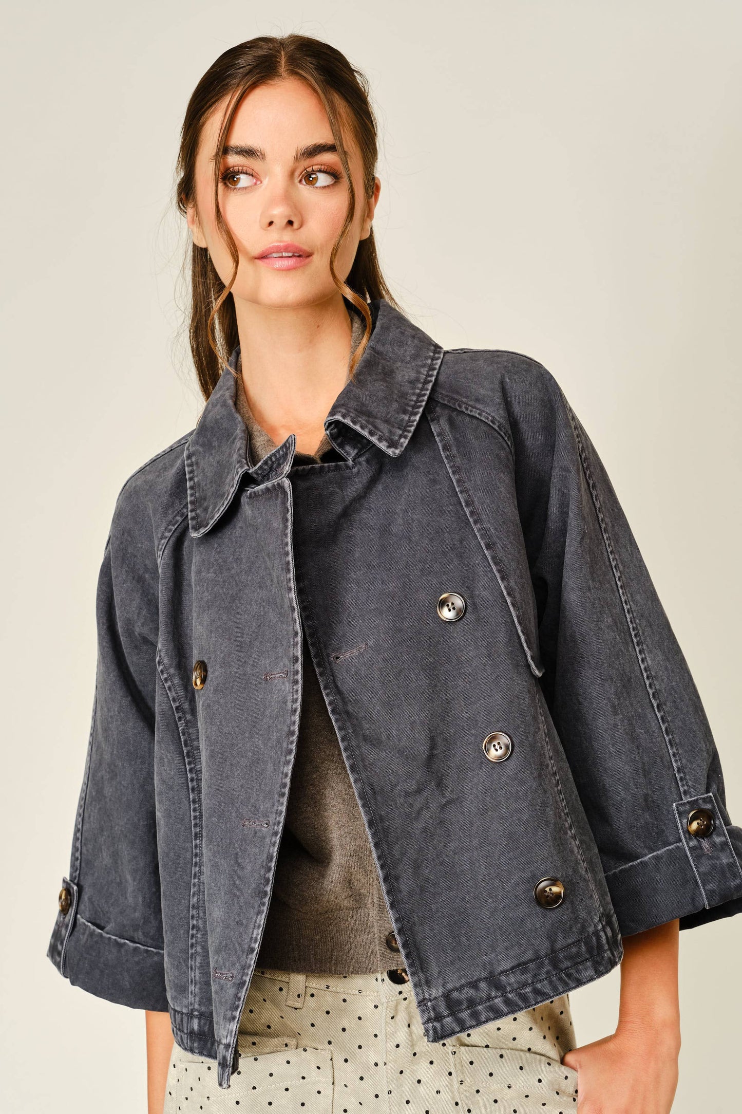 Washed Denim Kimono Sleeve Jacket