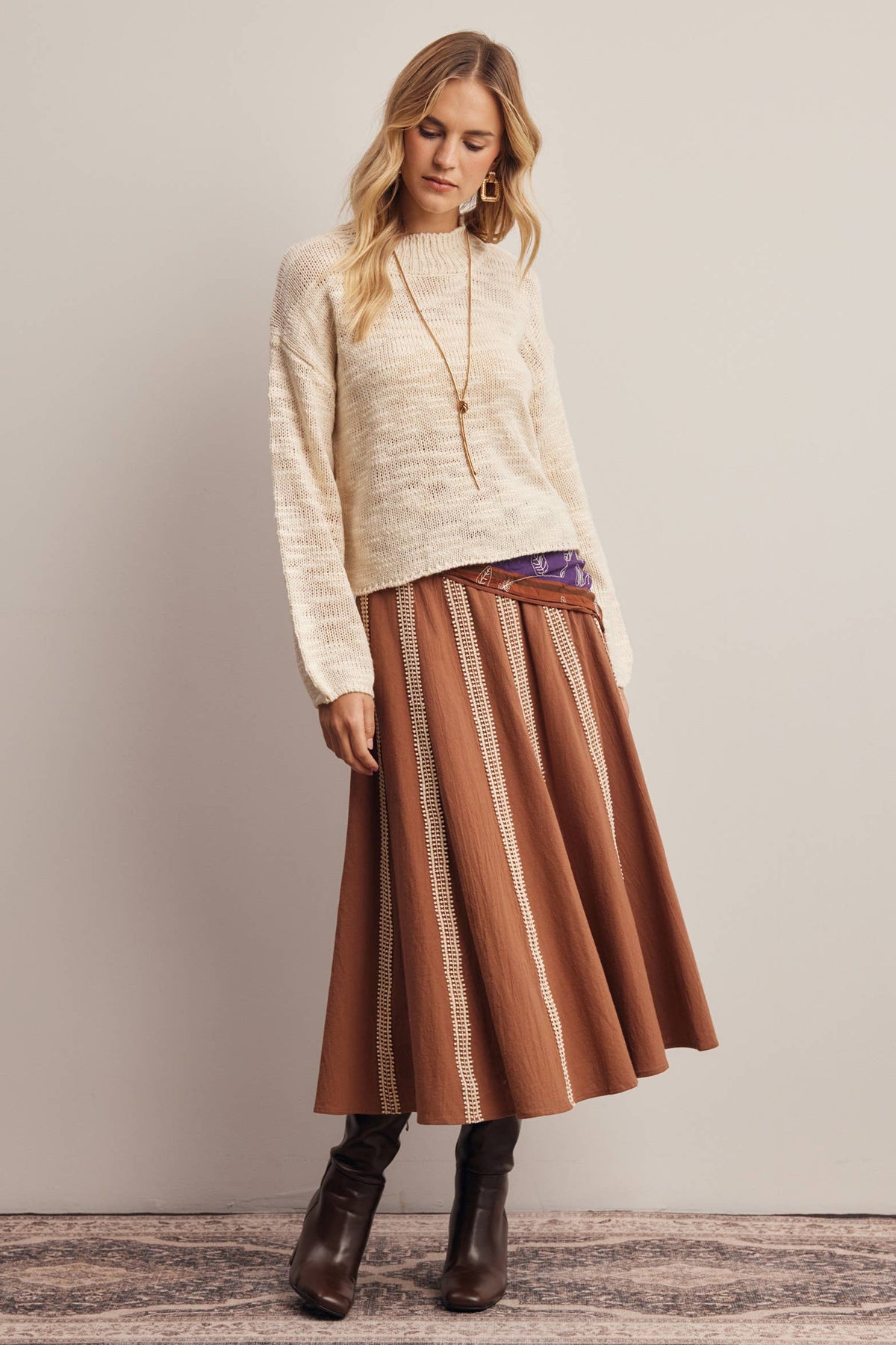 Embroidered Stripe Midi Skirt